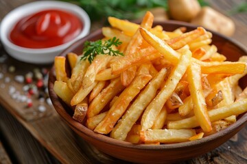 Crispy golden french fries served hot Capturing the perfect snack for fast food lovers and the essence of indulgent comfort food.