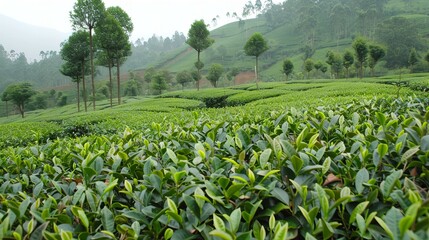 Fototapeta na wymiar tea production at tea plantation with green tea bushes