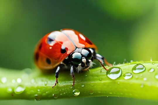 macro close up photography of a ladybug, insect photography, blurred background, sun rays created with generative ai technology