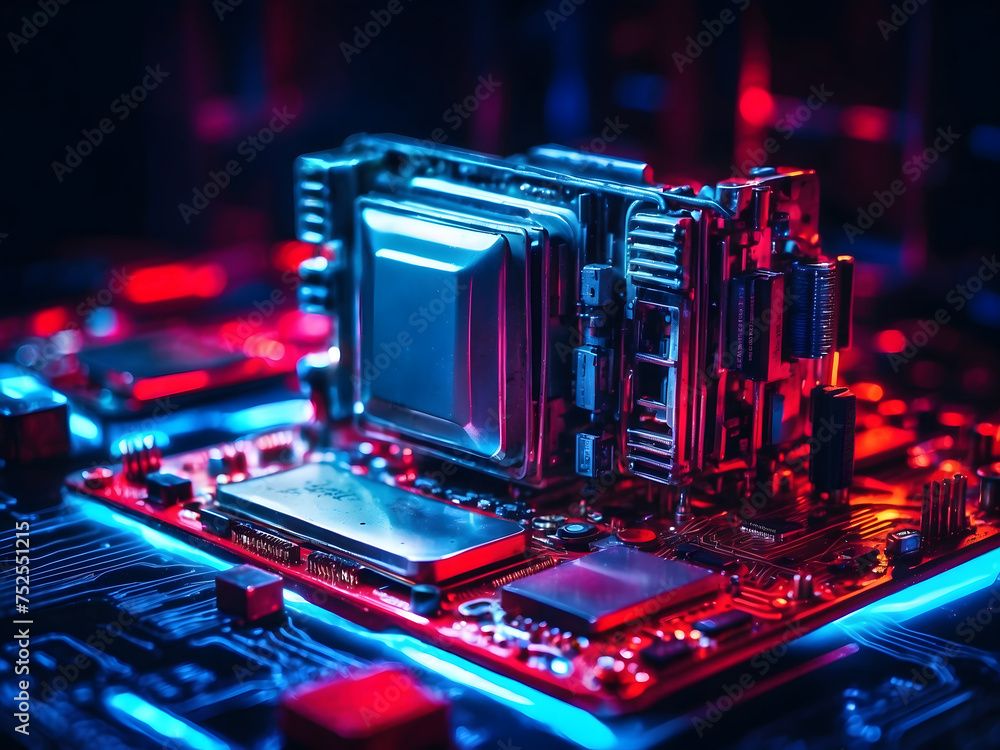 Poster a close-up of a computer motherboard with red and blue lights, and computer graphics design.