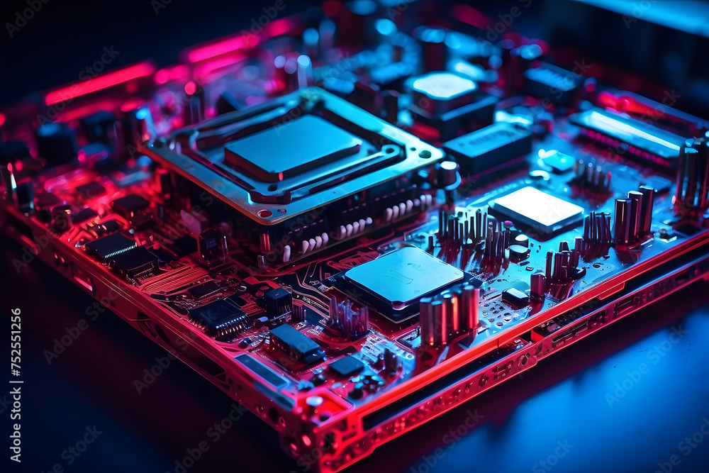 Poster a close-up of a computer motherboard with red and blue lights, and computer graphics design.
