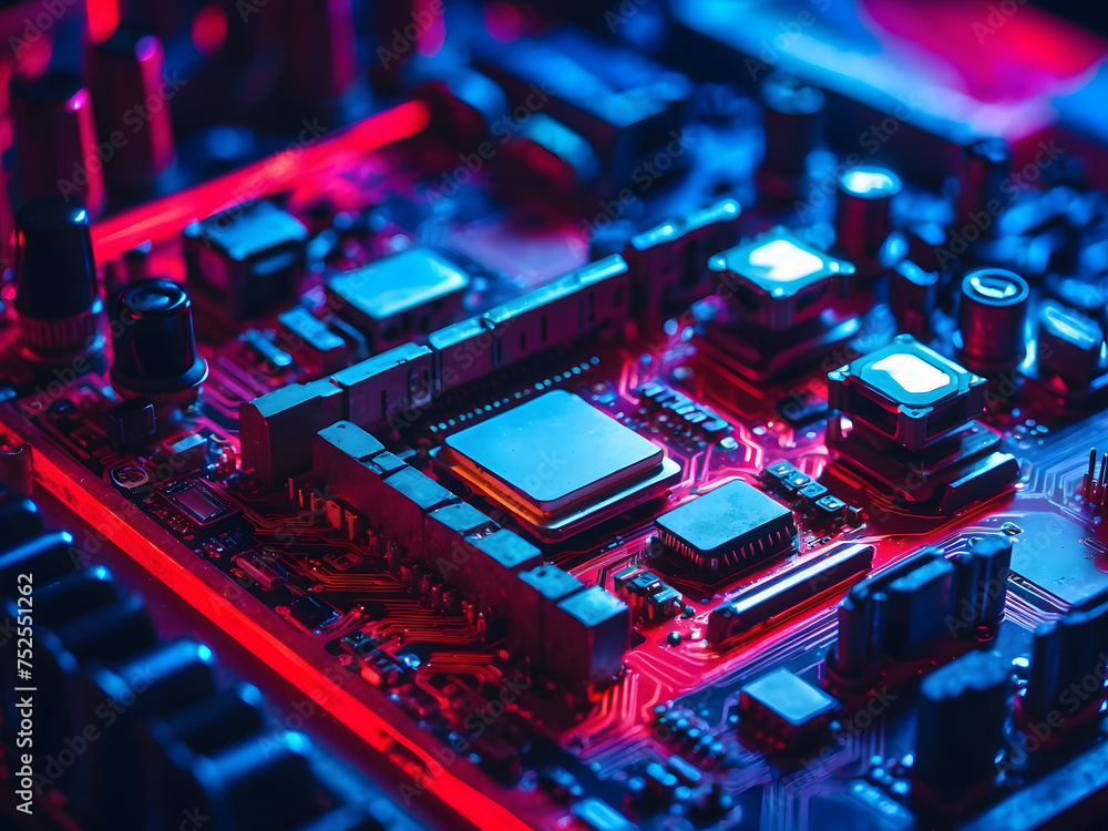 Aufkleber a close-up of a computer motherboard with red and blue lights, and computer graphics design.