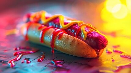 Colorful hot dog with mustard and ketchup.