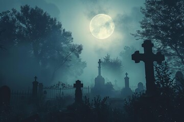 Foggy graveyard with spooky tombstones under a full moon - obrazy, fototapety, plakaty