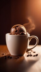Combines elements of coffee cup, ice cream, chocolate creating visually appealing luxurious image against dark backdrop. For advertising, banner, menu, dessert, cafe themed content. Copy space.