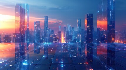 City, night and skyline by water with tech, network or light overlay for connection, iot or mockup space. Dark metro, cbd and skyscraper by ocean for developmen. AI generated illustration