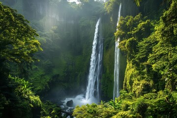 Majestic waterfall in a lush tropical forest