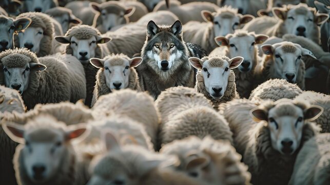 Wolf in sheep's clothing hiding among a flock of sheep.Concept photo of those playing a role contrary to their real character with whom contact is dangerous. AI generated illustration