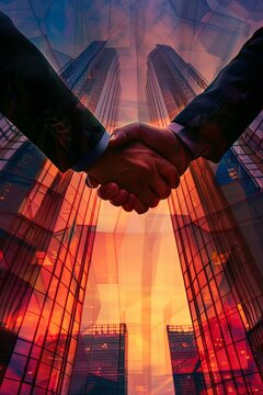 Handshake of businessmen against the background of a skyscraper at dawn. against the backdrop of a glass skyscraper. Partnership, successful deal. generative ai
