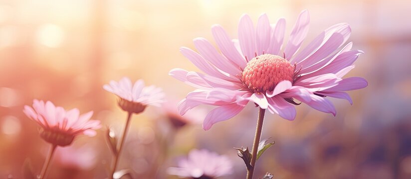 A detailed view of a pink flower with a soft focus background, highlighting the intricate petals and vibrant color. The blurred surroundings add depth to the image.