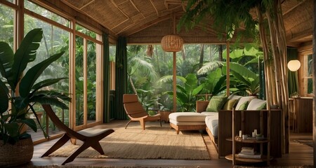 Showcase an ultra-realistic depiction of the interior of a Rainforest capsule cottage, highlighting the cozy and comfortable living space inspired by the straw-themed design. -AI Generative