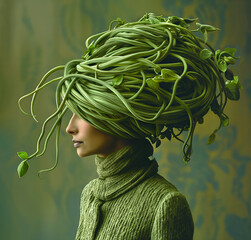 Side profile of a woman with string beans as hair in an eco-themed artistic portrait - obrazy, fototapety, plakaty