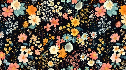 A vintage floral background features a pattern of small colorful flowers set against a black backdrop. This seamless design is suitable for various design and fashion prints, boasting a ditsy style