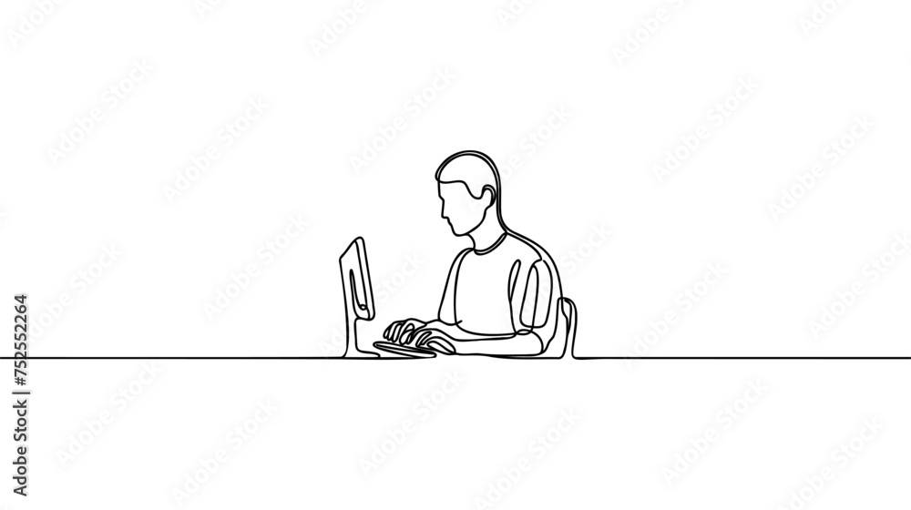 Poster continuous line drawing of office worker concentrated behind computer