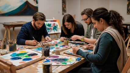 Artistic Gathering: Friends Unleashing Creativity in Group Painting Session