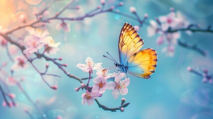 Beautiful blue yellow butterfly in flight and branch of flowering apricot tree in spring at Sunrise on light blue and violet background macro. Elegant artistic image nature. Banner format, copy space