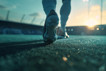 Side view of soccer player's feet on the field, showcasing agility and skill. Ideal for sports magazines, soccer tutorials, or athletic apparel promotions - obrazy, fototapety, plakaty