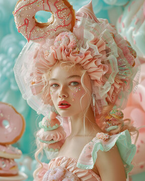 A woman wearing a pink dress and a donut headpiece, her eyelash is painted with petals. A creative art of a mythical creature on her head, making her happy