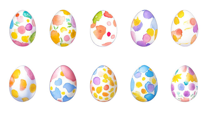 Set Of Watercolor Easter Eggs Isolated On White Background. Happy Easter. Collection Of Different Painted Easter Eggs