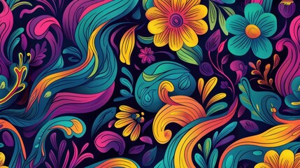 Fototapeta na wymiar A vibrant and psychedelic seamless pattern featuring bright and colorful floral and plant elements, designed in a funky style