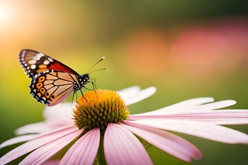 Fototapeta premium butterfly on a flower, blurred background, macro photography created with generative ai technology