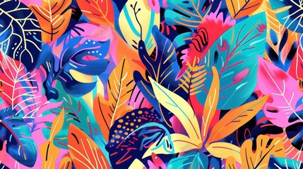 A vibrant and psychedelic seamless pattern featuring bright and colorful floral and plant elements, designed in a funky style
