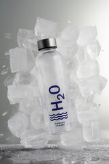 Refrescante botella de agua flotando sobre hielo rompiendo