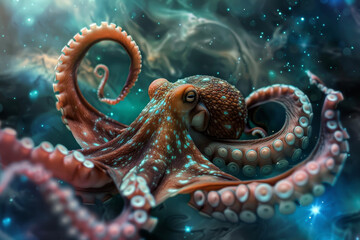 A curious octopus, tentacles swirling, raises one arm. Its eyes, like galaxies, explore the universe
