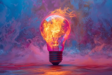 A vibrant image capturing a light bulb as it glows amidst a mystifying dance of colorful smoke, illuminating the scene