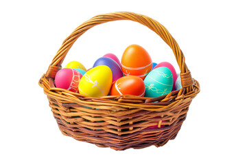 Obraz na płótnie Canvas a wicker basket with colorful Easter eggs, decorative Easter motif, isolated on transparent background