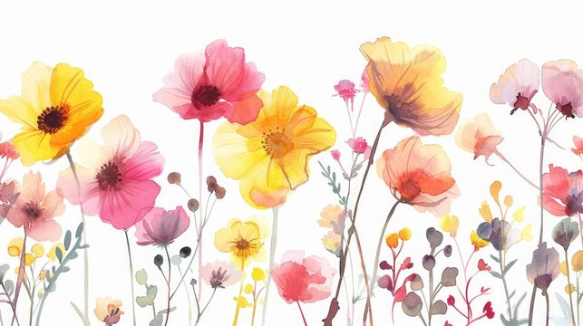 Colorful and beautiful watercolor flowers, hand-drawn, featuring yellow, pink, and red blossom plants, perfect for cards, prints, and invitations. This set also includes a watercolor texture
