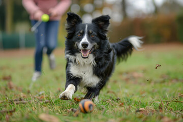 A dog smiling and wagging its tail while playing fetch with its owner