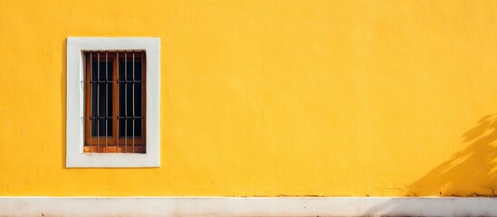 A yellow building adorned with a solitary white window overlooks a red fire hydrant standing on the sidewalk. The bright colors create a striking contrast against each other.