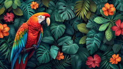 Obraz premium This image captures the exotic essence of a brightly colored parrot among dense, vibrant tropical greenery