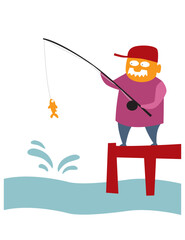 Successful fishing on the lake. The fisherman caught a fish. Vector image for prints, poster and illustrations.