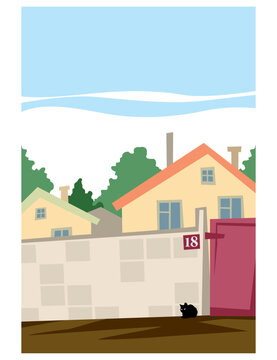 Scene in the village. Village street. Rural houses among green trees. A black cat sits by the gate. Vector image for prints, poster and illustrations.
