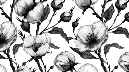 A floral seamless pattern with cotton blossom flowers offers endless texture with ink sketch art. This vector illustration suits wedding invitations, wallpaper, textiles, and wrapping paper - obrazy, fototapety, plakaty