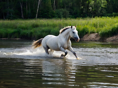 The horse is running in the water of the river ai generated