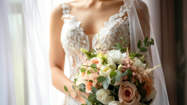 a bride in a white wedding dress, captured in a close-up image, with a delicate bouquet of flowers, standing by the window on her special day.