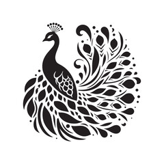 Fototapeta premium Night's Majesty: Black Vector Peacock Silhouette - Capturing the Elegance and Splendor of Nature's Enigmatic Avian Display. Minimalist Peacock illustration.