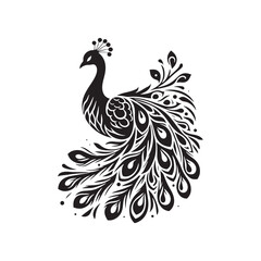 Night's Majesty: Black Vector Peacock Silhouette - Capturing the Elegance and Splendor of Nature's Enigmatic Avian Display. Minimalist Peacock illustration.