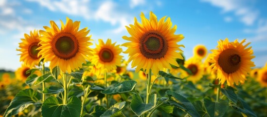 Beautiful field of vibrant sunflowers under a clear blue sky on a sunny day in the countryside