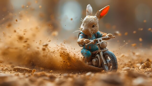 A dynamic and playful image featuring an anthropomorphic rabbit racing on a dusty terrain, creating a sense of movement