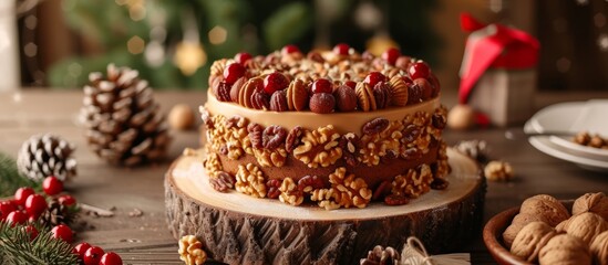 Obraz na płótnie Canvas Delicious homemade cake with crunchy nuts and nuts on top, perfect dessert for any occasion