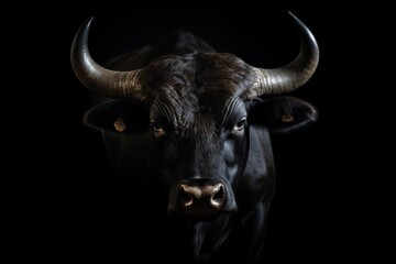 Portrait of a black cow with horns on a black background. Bullfight Concept. Encierro. San Fermin...
