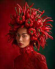 Elegant Asian woman with a headpiece of red chili peppers - 752554091