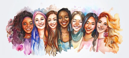 Group of diverse young women. smiling together. positive watercolor illustration on white background. generative ai