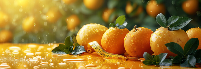 
Bright vegetables and fruits, assorted citrus fruits on a plain background with a measuring tape....