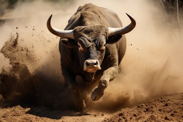 Bull running in the sand in the bullring. Bullfight Concept. Encierro. San Fermin concept with Copy...
