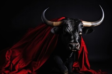Black bull with big horns and red cloth on a black background. Bullfight Concept. Encierro. San Fermin concept with Copy Space.